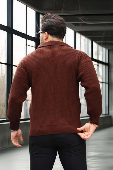 Joris Oversize Gömlek Polo Yaka Selanik Örgülü Erkek Triko Kazak - Kahve - 6