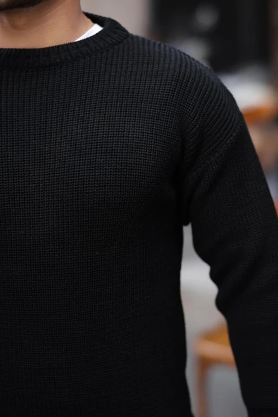 Pilar Oversize Selanik Örgülü Bisiklet Yaka Erkek Triko Kazak - Siyah - Resim 4