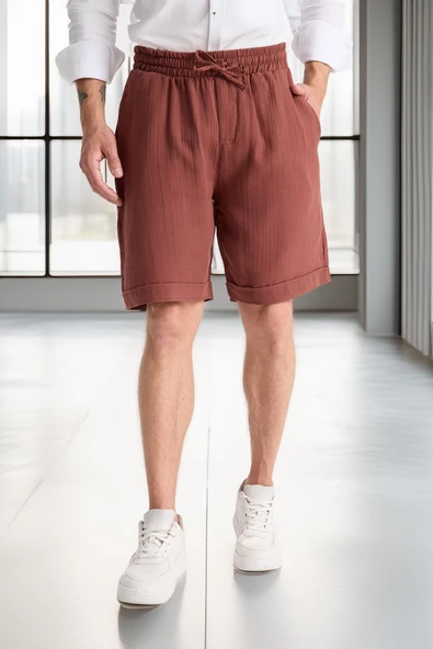 Hafif ve Rahat Duble Paça Müslin Erkek Şort - Kiremit - Resim 6