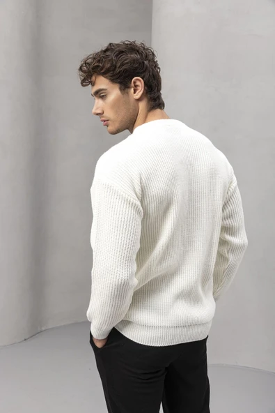 Wes Selanik Örgü 3 Düğmeli Yarım Pat Rahat Kalıp Erkek Triko Kazak - Ekru - Resim 6