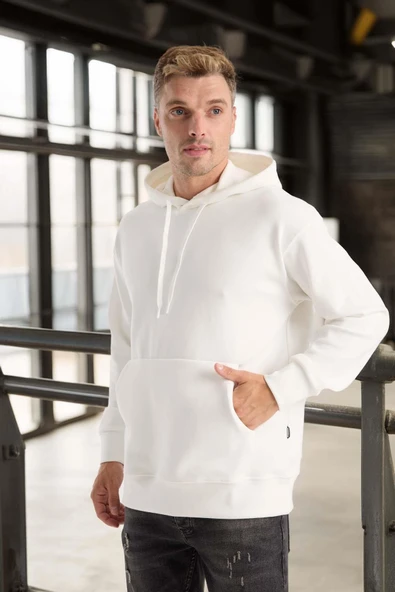 Luc Oversize Basic Dalgıç Kumaş Viskon Kapüşonlu Cepli Sweatshirt Hoodie - Ekru - Resim 2