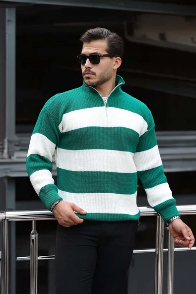 Pedro Oversize Çizgili Selanik Örgülü Yarım Fermuar Triko Erkek Kazak - Yeşil - Resim 6