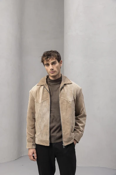 Dreyer Fitilli Kadife Kumaş Fileto Cepli Fermuarlı Erkek Ceket - Bej - Resim 2