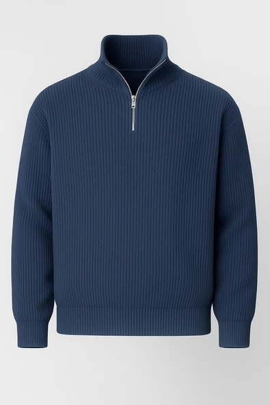 Nolan Oversize Selanik Örgü Yarım Fermuar Erkek Triko Kazak - İndigo ürün görseli