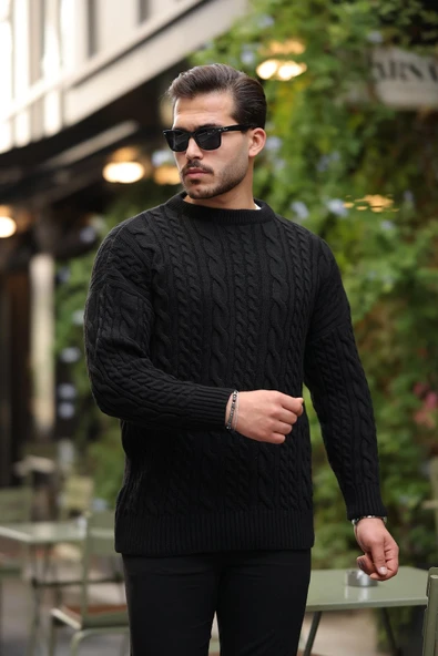 Comfort Fit Saç Örgü Bisiklet Yaka Triko Kazak - Siyah ürün görseli 1