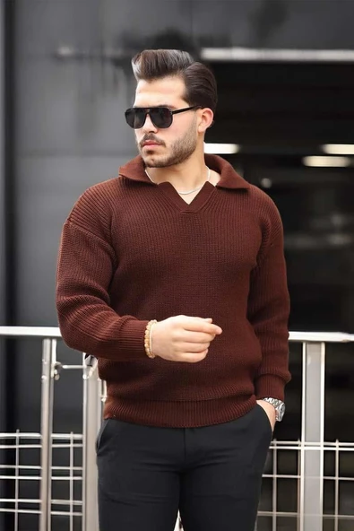 Joris Oversize Gömlek Polo Yaka Selanik Örgülü Erkek Triko Kazak - Kahve - 3