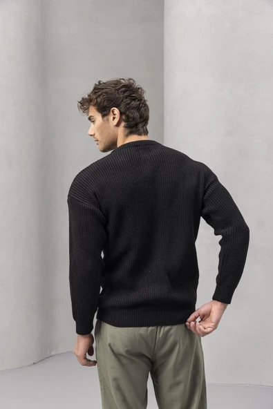 Wes Selanik Örgü 3 Düğmeli Yarım Pat Rahat Kalıp Erkek Triko Kazak - Siyah - Resim 7