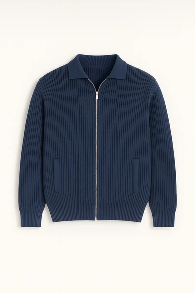 Coppola Selanik Örgü Polo Yaka Cepli Fermuarlı Rahat Kalıp Erkek Triko Hırka - İndigo ürün görseli 1