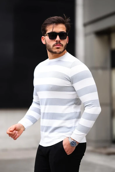 Örme Çizgili Bisiklet Yaka İnce Triko Erkek Kazak - Gri ürün görseli