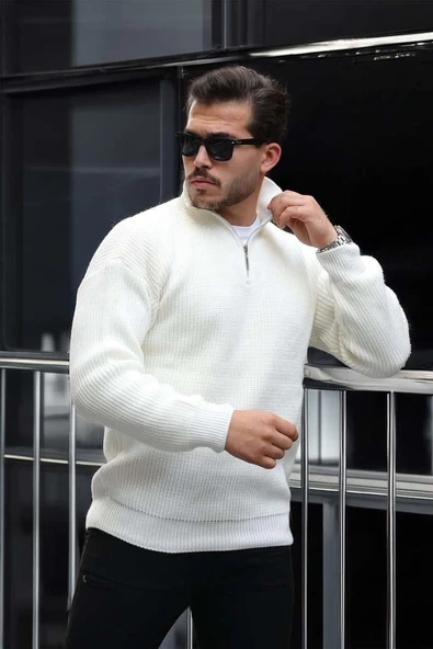 Nolan Oversize Selanik Örgü Yarım Fermuar Erkek Triko Kazak - Ekru - Resim 4