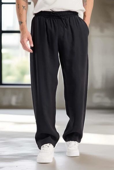 Modal Kumaş Rahat Kalıp Düz Paça Jogger Erkek Pantolon - Siyah - Resim 3