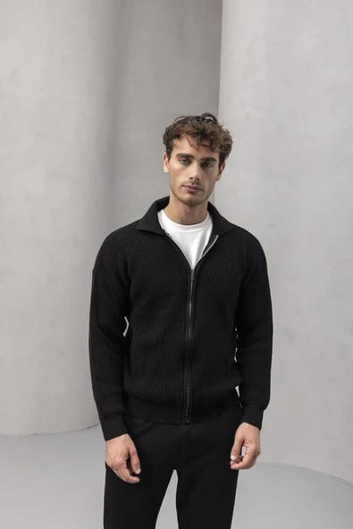 Coppola Selanik Örgü Polo Yaka Cepli Fermuarlı Rahat Kalıp Erkek Triko Hırka - Siyah - Resim 2