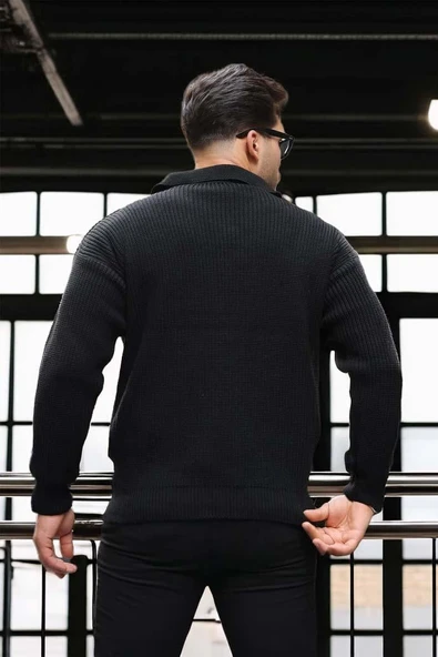 Joris Oversize Gömlek Polo Yaka Selanik Örgülü Erkek Triko Kazak - Siyah - 6