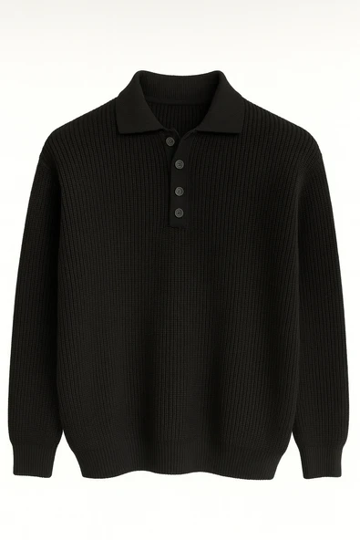 Oversize Selanik Örgü 4 Düğmeli Yarım Pat Rahat Kalıp Erkek Triko Kazak - Siyah ürün görseli