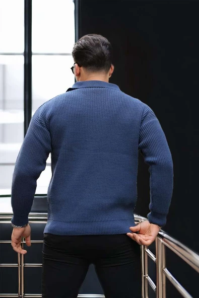 Joris Oversize Gömlek Polo Yaka Selanik Örgülü Erkek Triko Kazak - İndigo - 6
