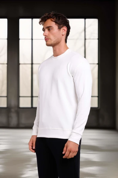 Wenders Relax Fit Basic Fırçalı Interlok Bisiklet Yaka Erkek Sweatshirt - Beyaz - Resim 3