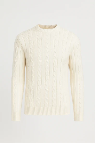 Saç Örgülü Bisiklet Yaka Erkek Triko Kazak - Ekru ürün görseli