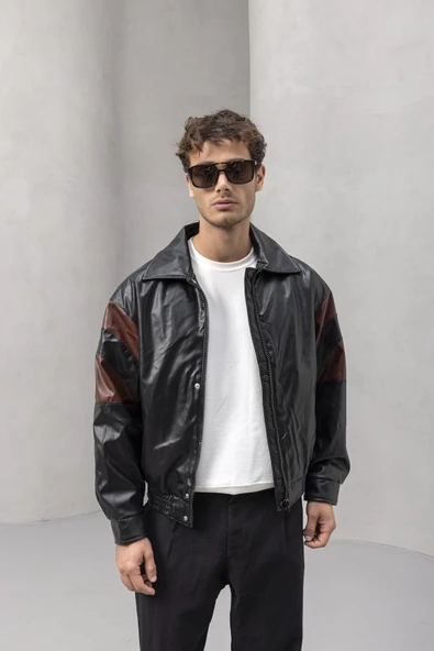 Burton Kolları Garnili Çıtçıtlı Fermuarlı Deri Görünümlü Erkek Ceket - Bordo Siyah - Resim 2