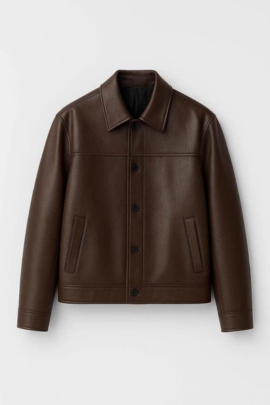 Denzel Düğmeli Yan Cepli Deri Görünümlü Erkek Ceket - Kahve ürün görseli 1