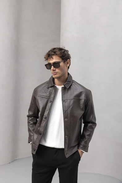 Denzel Düğmeli Yan Cepli Deri Görünümlü Erkek Ceket - Kahve - Resim 3