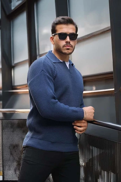Joris Oversize Gömlek Polo Yaka Selanik Örgülü Erkek Triko Kazak - İndigo - 2
