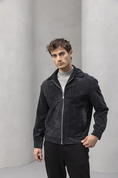 Dreyer Fitilli Kadife Kumaş Fileto Cepli Fermuarlı Erkek Ceket - Siyah - Resim 3