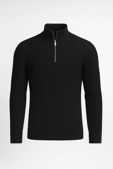 Bardem Saç Örgülü Yarım Fermuar Erkek Triko Kazak - Siyah ürün görseli
