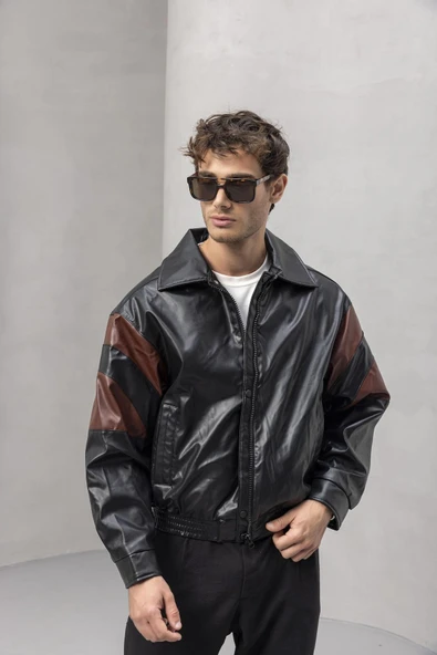 Burton Kolları Garnili Çıtçıtlı Fermuarlı Deri Görünümlü Erkek Ceket - Bordo Siyah ürün görseli 1