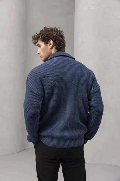 Coppola Selanik Örgü Polo Yaka Cepli Fermuarlı Rahat Kalıp Erkek Triko Hırka - İndigo - Resim 7