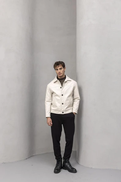 Denzel Düğmeli Yan Cepli Deri Görünümlü Erkek Ceket - Bej - Resim 5