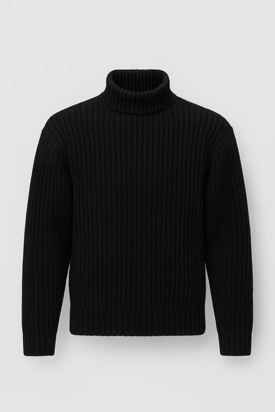 Nopenli Fitil Örgü Balıkçı Kazak - Siyah ürün görseli