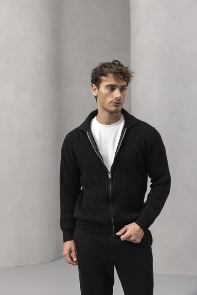 Coppola Selanik Örgü Polo Yaka Cepli Fermuarlı Rahat Kalıp Erkek Triko Hırka - Siyah - Resim 5