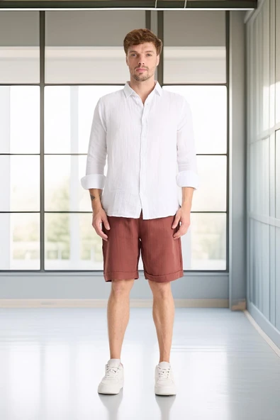 Hafif ve Rahat Duble Paça Müslin Erkek Şort - Kiremit - Resim 3