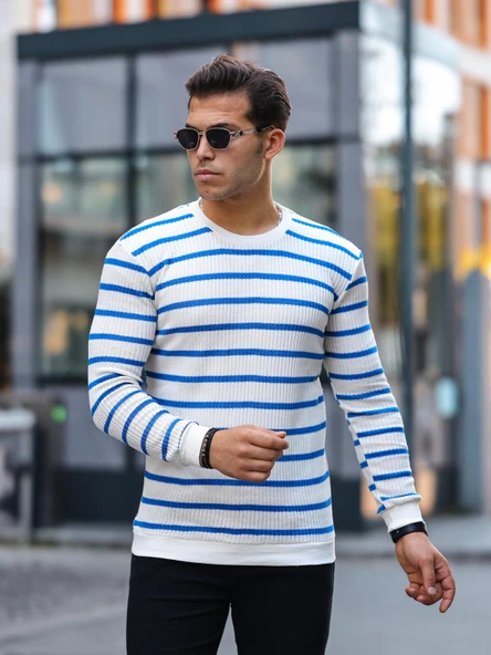 Yatay Şeritli Bisiklet Yaka Kazak - Mavi ürün görseli