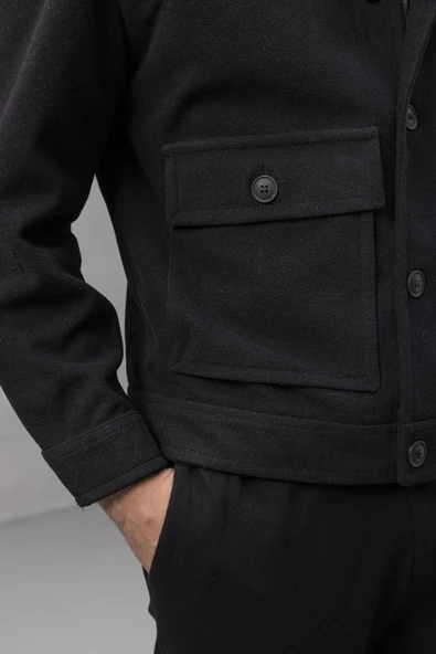 Gaspar Kaşe Kumaş Düğmeli Rahat Kalıp Erkek Ceket - Siyah - 3