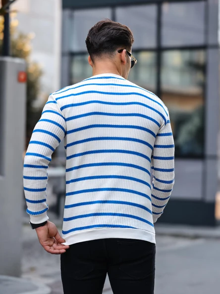 Yatay Şeritli Bisiklet Yaka Kazak - Mavi - Resim 3