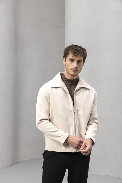 Kaşe Kumaş Fileto Cepli Fermuarlı Erkek Ceket - Taş - 3