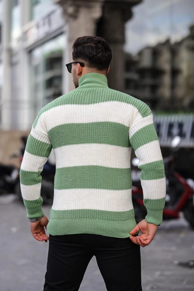 Yarım Fermuar Çizgili Triko Kazak - Yeşil - Resim 4