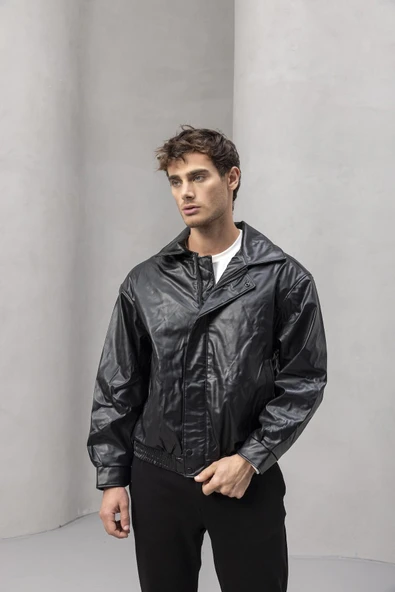 Bomber Oversize Kalıp Deri Görünümlü Yan Cepli Erkek Ceket - Siyah - 5