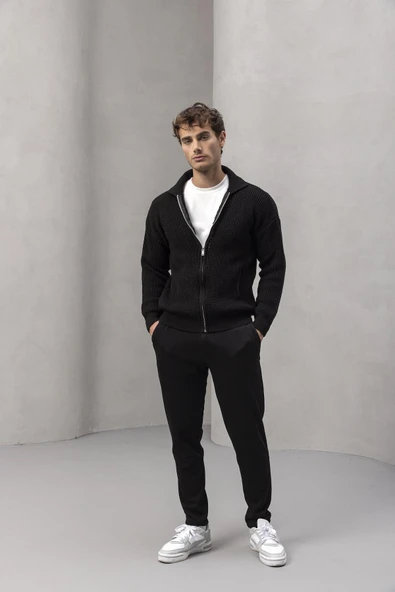 Coppola Selanik Örgü Polo Yaka Cepli Fermuarlı Rahat Kalıp Erkek Triko Hırka - Siyah - Resim 7