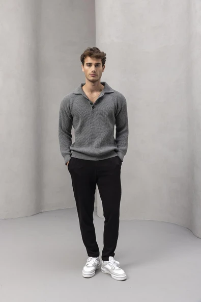 Oversize Selanik Örgü 4 Düğmeli Yarım Pat Rahat Kalıp Erkek Triko Kazak - Füme - Resim 4