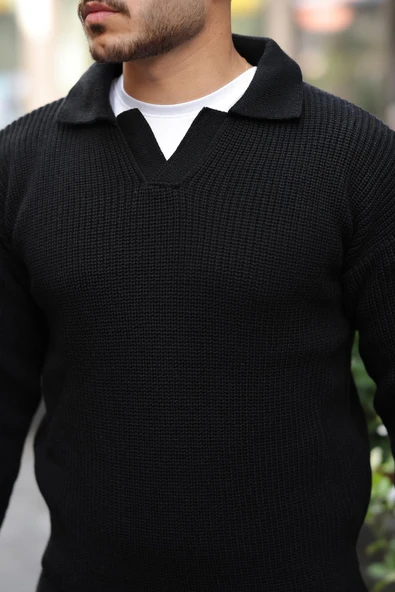 Joris Oversize Gömlek Polo Yaka Selanik Örgülü Erkek Triko Kazak - Siyah - 4