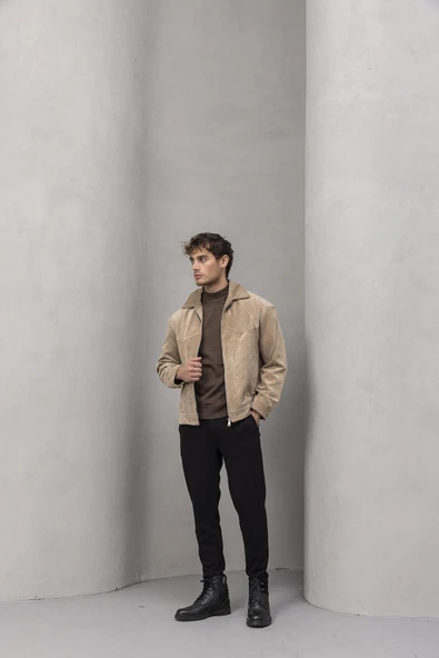 Dreyer Fitilli Kadife Kumaş Fileto Cepli Fermuarlı Erkek Ceket - Bej - Resim 6