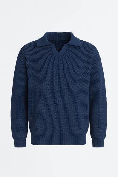 Joris Oversize Gömlek Polo Yaka Selanik Örgülü Erkek Triko Kazak - İndigo