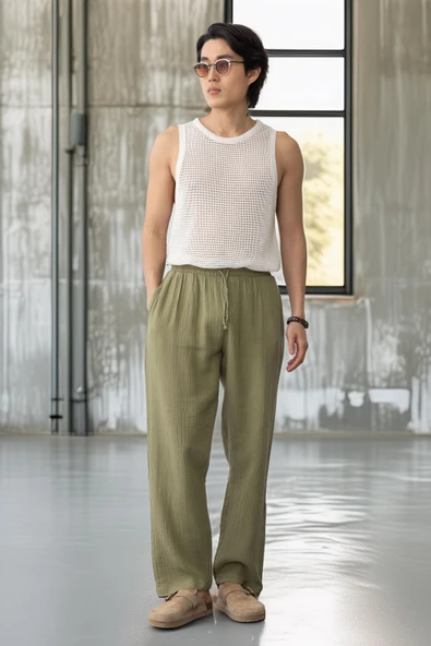Hafif ve Rahat Müslin Baggy Erkek Pantolon - Haki - Resim 8