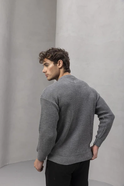 Wes Selanik Örgü 3 Düğmeli Yarım Pat Rahat Kalıp Erkek Triko Kazak - Füme - Resim 7