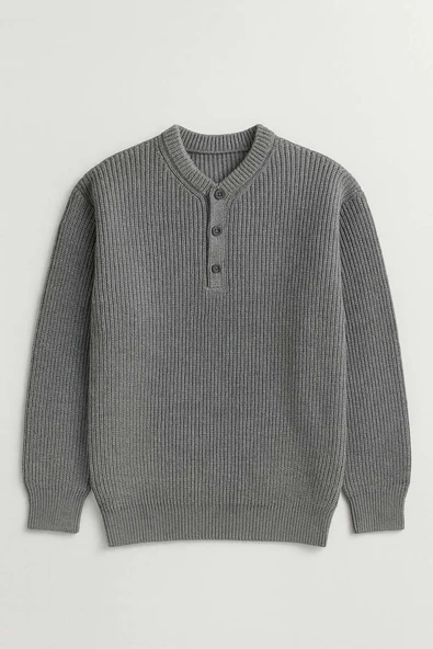 Wes Selanik Örgü 3 Düğmeli Yarım Pat Rahat Kalıp Erkek Triko Kazak - Füme ürün görseli