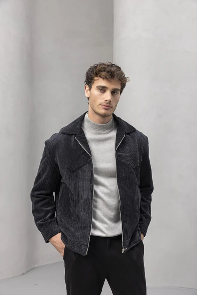 Dreyer Fitilli Kadife Kumaş Fileto Cepli Fermuarlı Erkek Ceket - Siyah - Resim 2