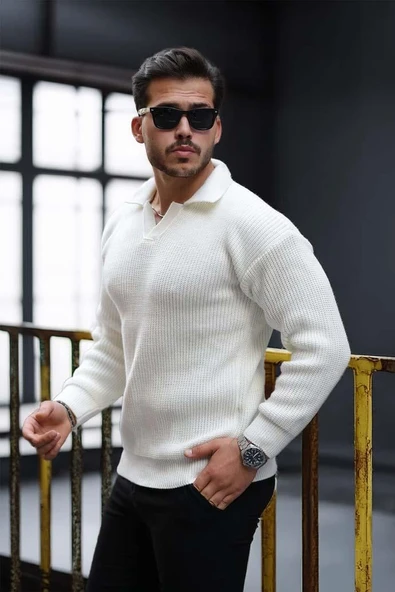 Joris Oversize Gömlek Polo Yaka Selanik Örgülü Erkek Triko Kazak - Ekru - 2