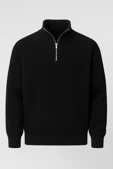 Nolan Oversize Selanik Örgü Yarım Fermuar Erkek Triko Kazak - Siyah ürün görseli